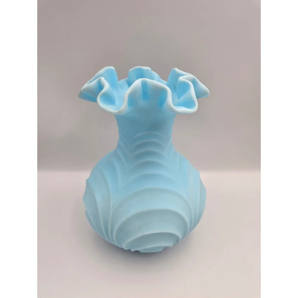 Fenton Vintage Satin Glass Vase Blue‎ Ruffled Rim 8 Inch Light Blue Embossed